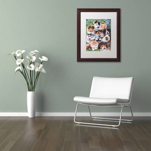 Trademark Fine Art 'Kittens & Puppies In The Garden' Canvas Art by Jenny Newland, White Matte, Wood Frame