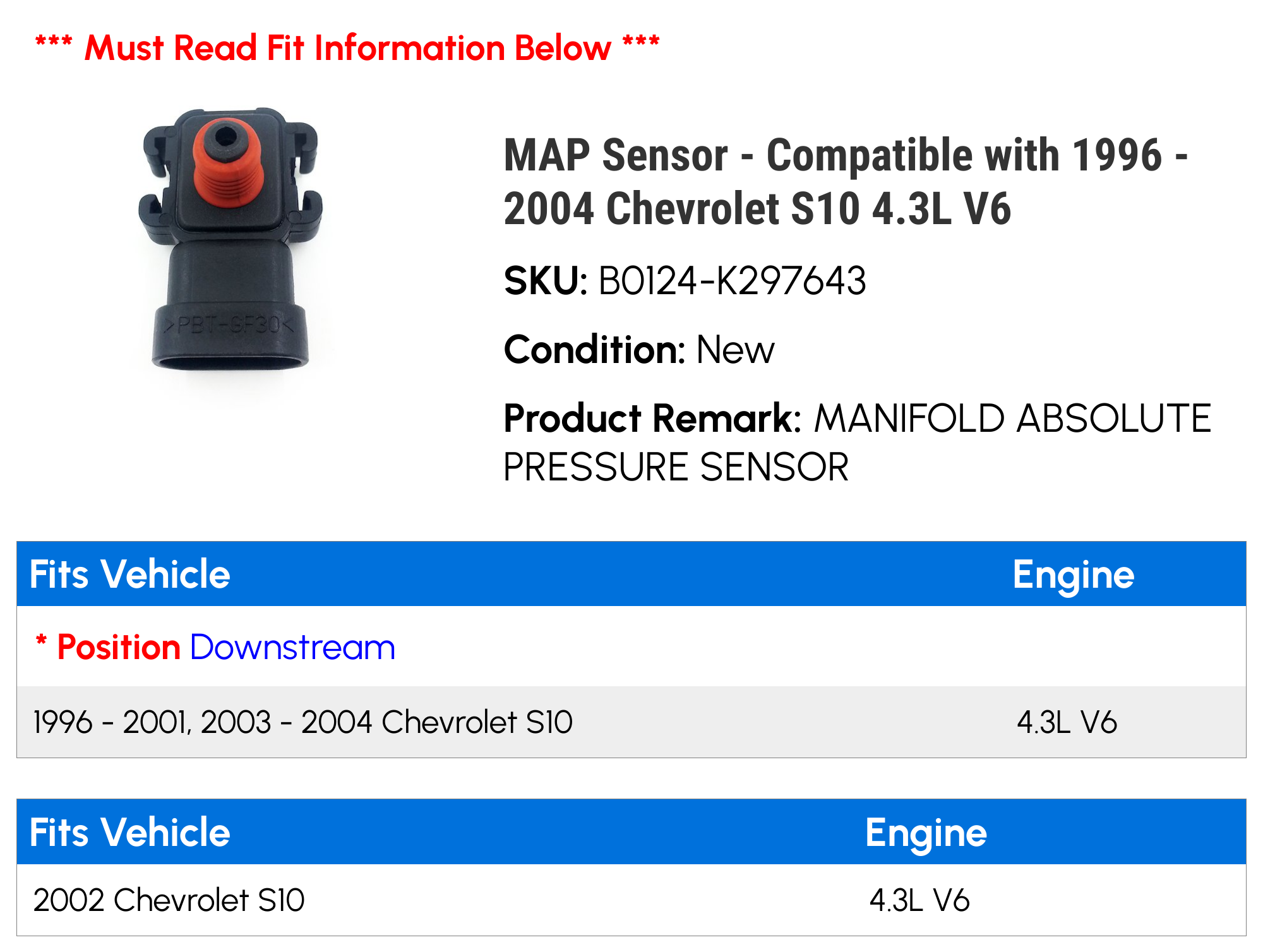 MAP Sensor - Compatible with 1996 - 2004 Chevy S10 4.3L V6 1997 1998 1999 2000 2001 2002 2003