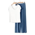 thumbnail image 2 of JGGSPWM Women's V-Neck Short Sleeve T-Shirt and Loose Wide-Leg Long Pants Sleepwear Set Soft Comfortable Pajama Set for Women Blue L, 2 of 6