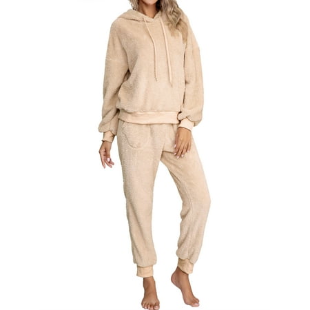 

HUBERY Women V Neck Long Sleeve Solid Color Hooded Pocket Sleepwear Set