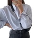 thumbnail image 3 of Bienvenido Blusa frontal con botones a rayas Bolsillo delantero Manga larga Cuello vuelto Blusa informal Camisa Blusa informal a rayas L, 3 of 8