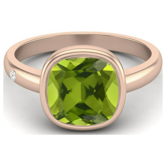 2.5 Ctw Cushion 925 Sterling Silver Rose Vermeil Peridot Solitaire Women Bezel Set Mother's Day Gift Ring