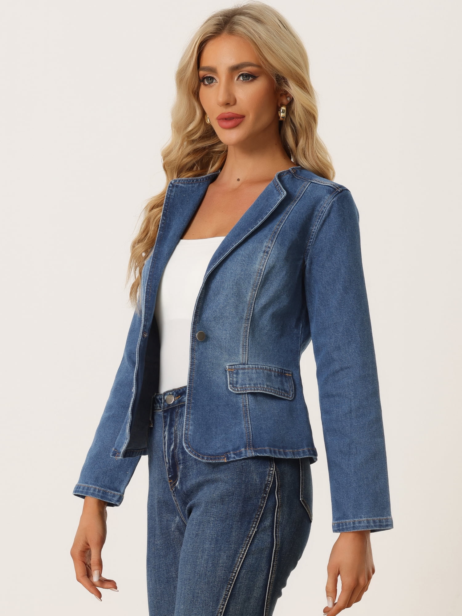 DARING DIVA Women's Lapel Collar Jean Jacket One Button Work Denim Blazer L Blue