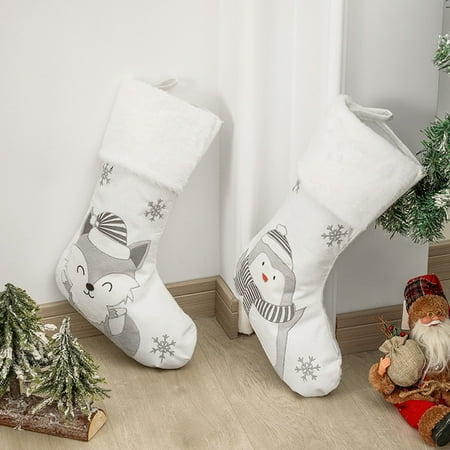 

2pcs Christmas Candy Stockings Plush Cuffs Socks Snowman Penguin Bear Fox Doll Xmas Tree Fireplace Socks Holiday Gift Socks