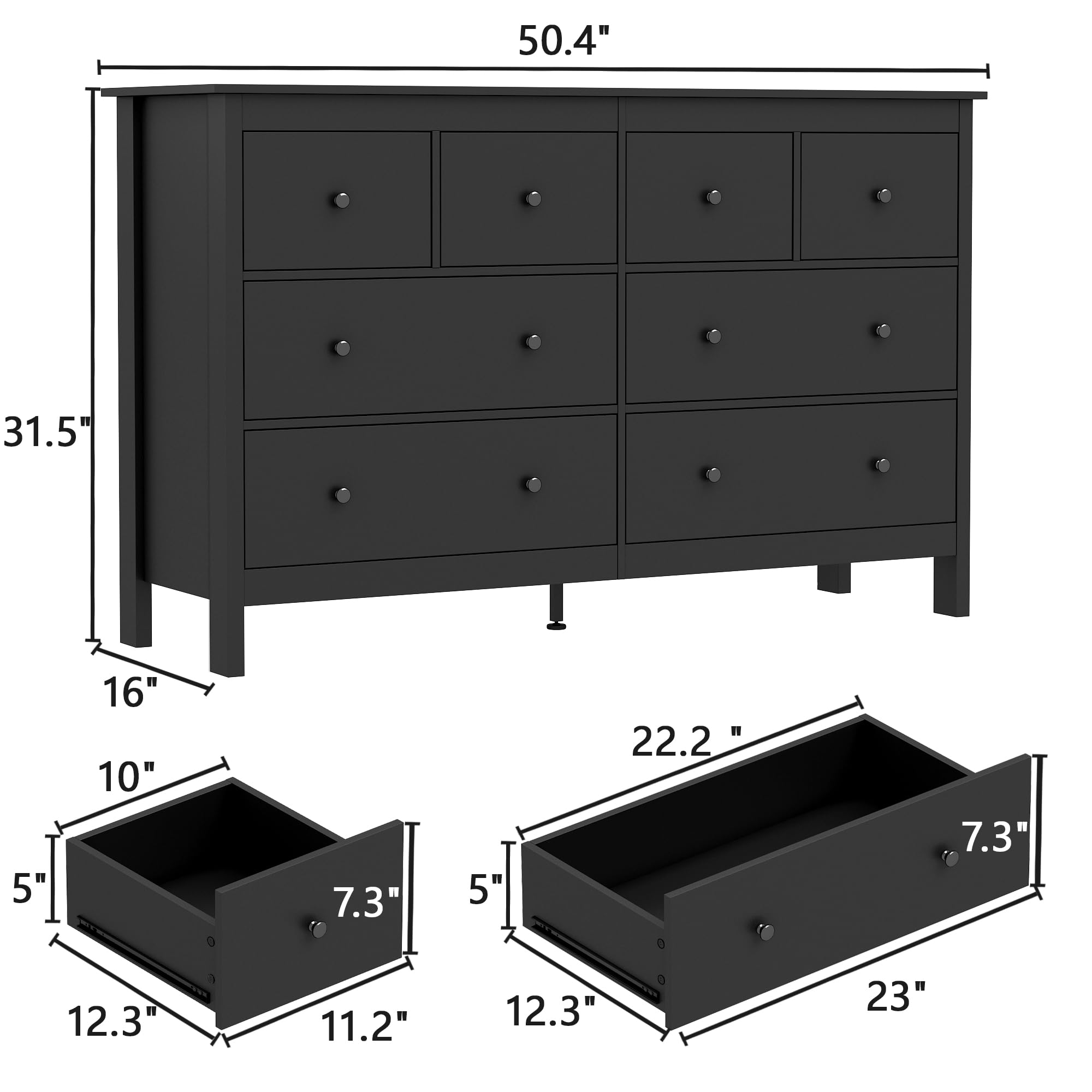 Black Dresser, Cuoote 8 Drawer Dresser for Bedroom, 50 Inch Wide Modern Chest of Drawers, Tall Bedroom Furniture Storage Organizer