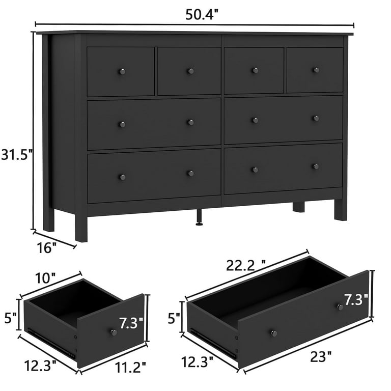 Black Dresser, Cuoote 8 Drawer Dresser for Bedroom, 50 Inch Wide Modern Chest of Drawers, Tall Bedroom Furniture Storage Organizer, Adult Unisex, Size