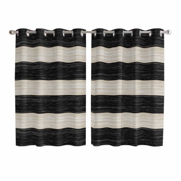 Black White Striped Kitchen Curtains Window Panels, Farmhouse Vintage Shabby Chic Wood Grain Insulated Window Treatment Curtain, Grommet Curtains for Bedroom/Living Room/Bathroom, 2 Piece 52"Wx63"L