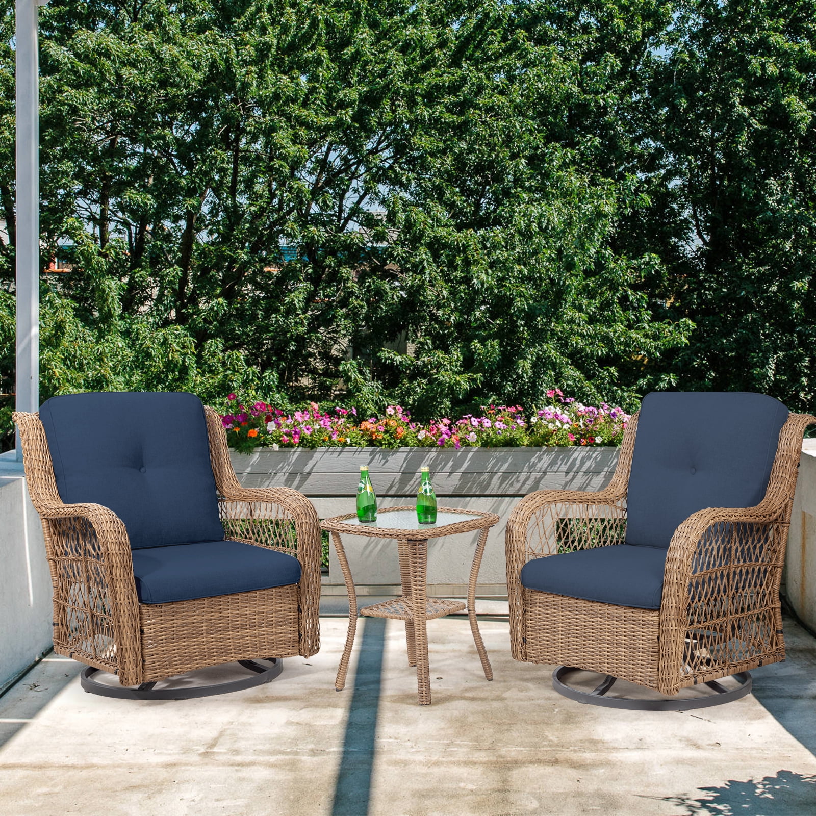 Meetleisure 3Piece Outdoor Steel And Wicker Swivel Rocker Patio Chairs