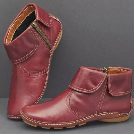 

symoid Womens Booties- Fashion Flats Non-Slip Leather Zipper Round Toe Casual Shoes Ankle Boots Wine 40