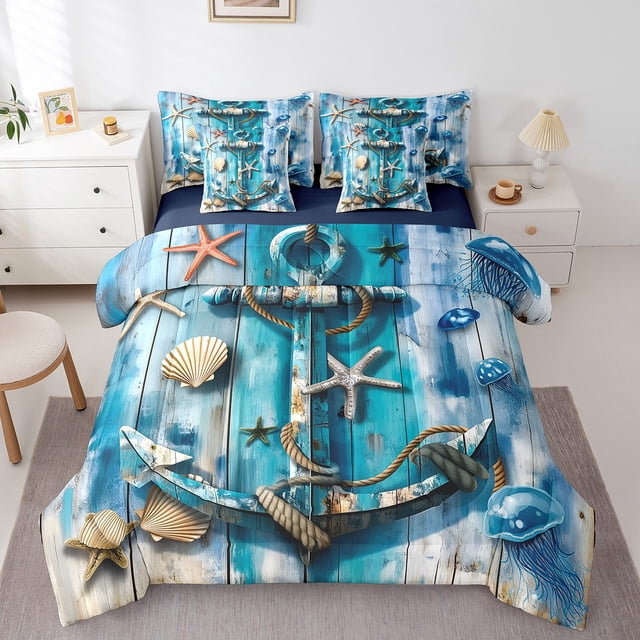Erosebridal Lit Ancre Nautique en Sac Taille Simple, Ensemble de Lit Étoile de Mer Coquillage Plage Été, Réversible 7 Pcs
