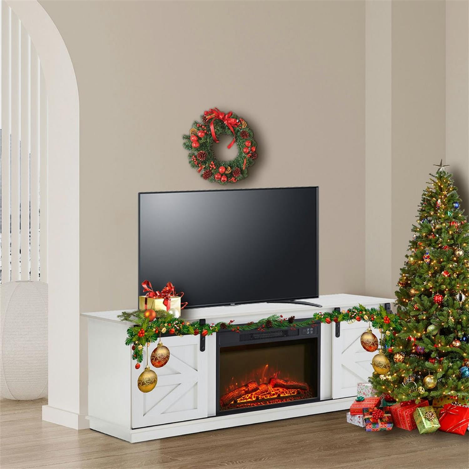 Demi Bonn Modern Fireplace TV Stand for Television up to 65" with Storage and Farmhouse Sliding Barn Doors, Entertainment Center with Cabinet and Shelves, White