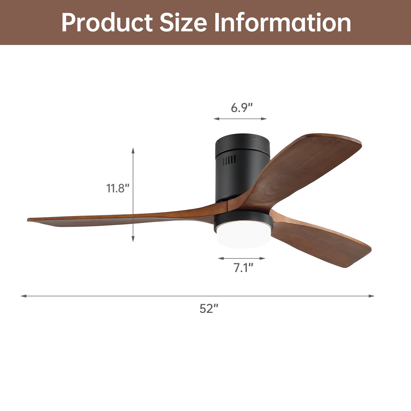 Sofucor 52 Inch Smart Ceiling Fans with Lights-Flush Mount Low Profile Modern Outdoor Solid Wood Ceiling Fans with Alexa/Google Assistant/APP/Remote Control, Brown Black
