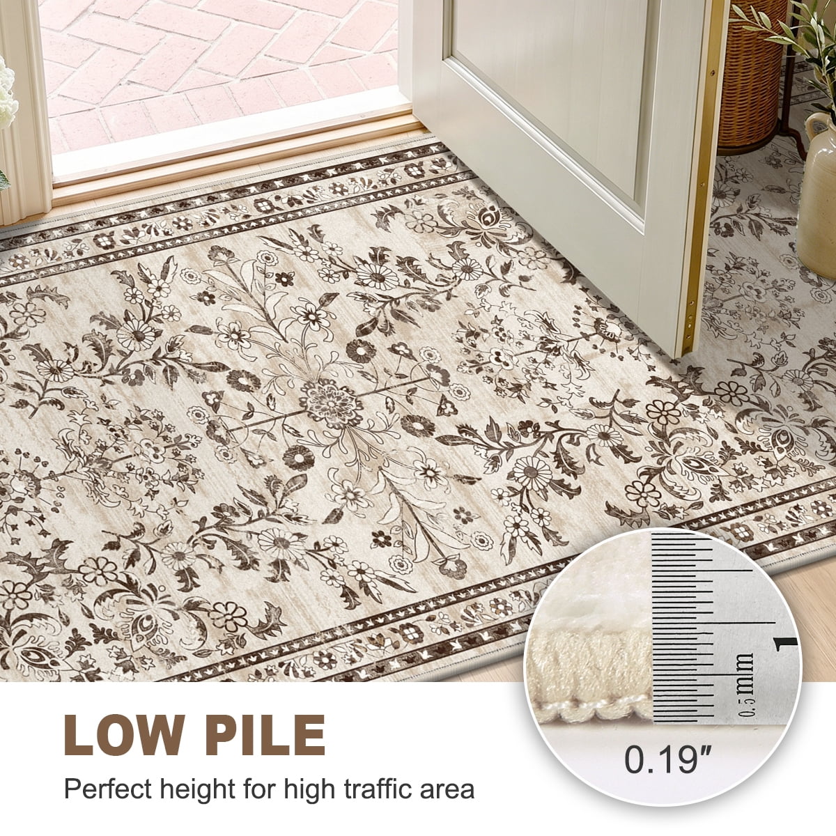 MJIAexp 2'x12' Boho Runner Rug,Non Slip Washable Floral Hallway Runner Rug with Rubber Backing, Low Pile Faux Wool Distressed Carpet for Kitchen, Laundry, Bedroom, Entrance,Brown