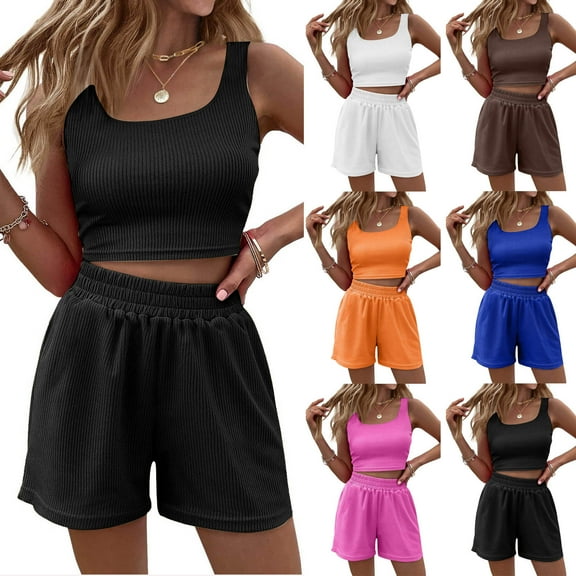 Bovxnpu Two Piece Sets for Women Summer,Lougewear Sets for Women,Women's Spring And Summer Solid Tank Top Shorts Two Piece Casual Home Set