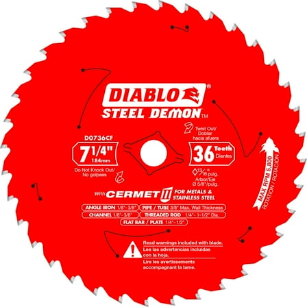 Diablo Steel Demon Cermet II Saw Blade for Thick Metal - 7-1/4" Diameter, 36 TCG Teeth, 5/8" Arbor, .075" Kerf, 0° Hook Angle, .063" Plate, 5800 Max RPM - D0736CF