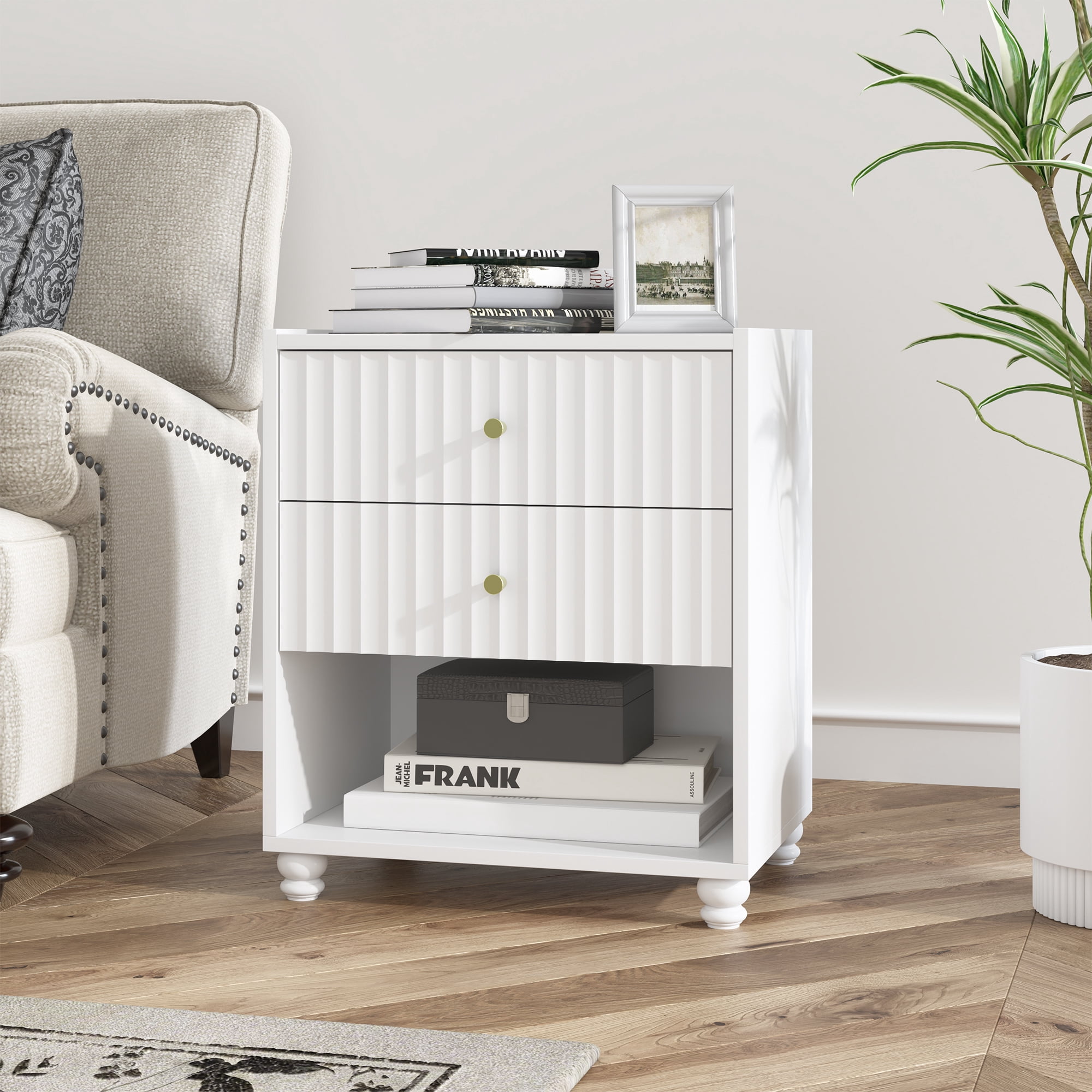 ZOSQUARE Modern Nightstand, White Fluted Bedside Table with 2 Drawers and Open Shelf, End Tables with Gold Knobs for Bedroom, Living Room