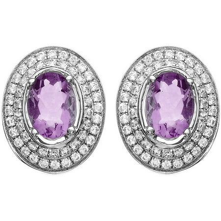 5th & Main Platinum-Plated Sterling Silver Oval-Cut Amethyst Pave CZ Earrings