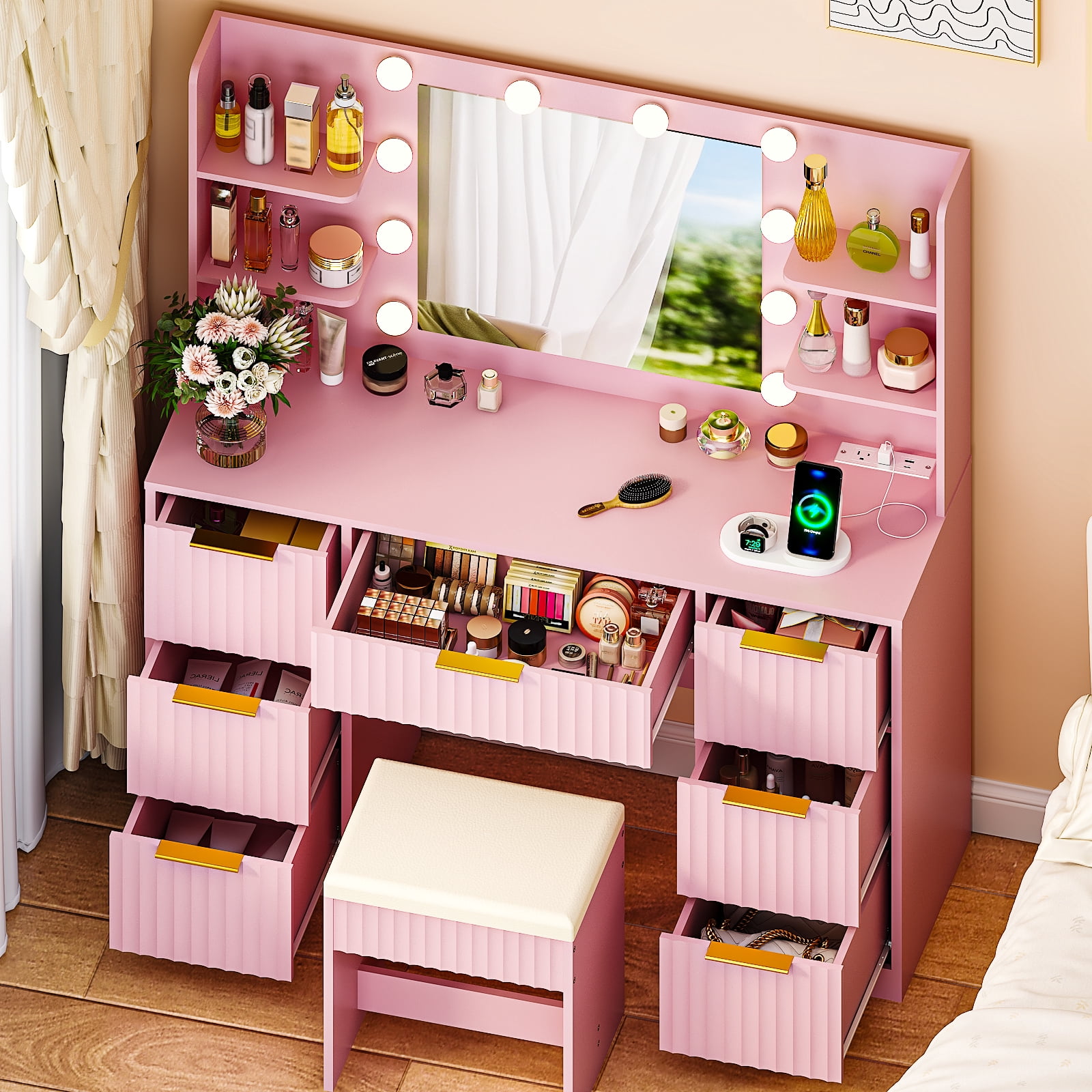 Zimtown Lighted Makeup Vanity Desk with Mirror and Charging Station, Vanity Table with 7 Drawers & 4 Storage Shelves for Dressing Room Bedroom, Pink