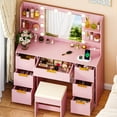 thumbnail image 3 of Zimtown Lighted Makeup Vanity Desk with Mirror and Charging Station, Vanity Table with 7 Drawers & 4 Storage Shelves for Dressing Room Bedroom, Pink, 3 of 7