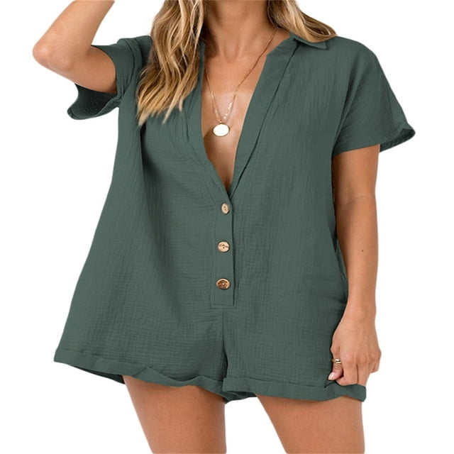 MesaSe Femmes Été Manches Courtes Combinaisons Shorts V Cou Bouton-Down Rompers