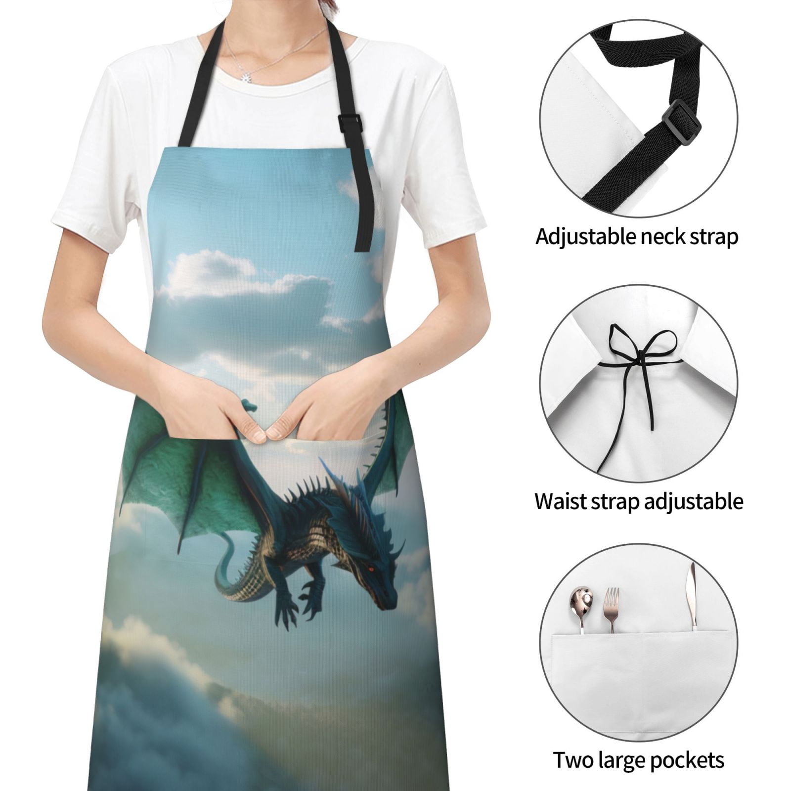 Kdxio Cloud Sky Green Dragon Apron with Pockets Adjustable Kitchen Aprons for Men Women Waterproof Aprons for Cooking,Drawing,Crafting, Baking Household Cleaning