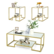 Costway Coffee Table Set of 3 Glass Modern Coffee Table & 2 Accent Table for Living Room