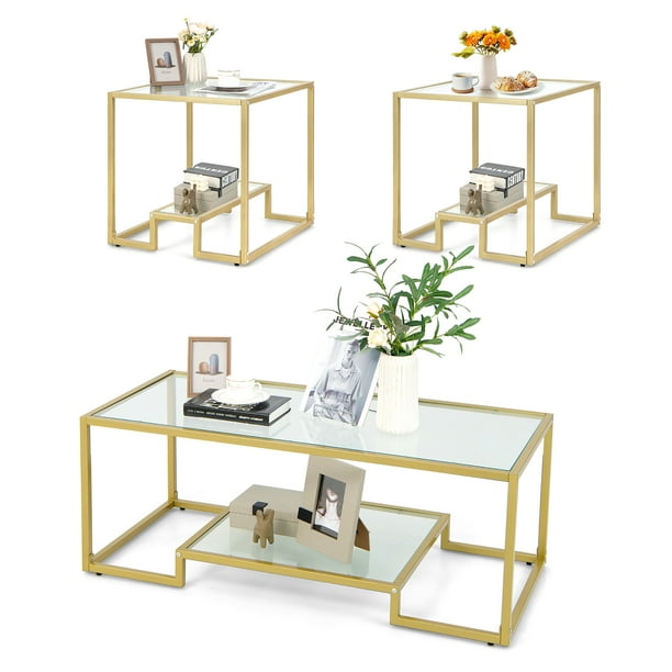 Costway Coffee Table Set of 3 Glass Modern Coffee Table & 2 Accent Table for Living Room