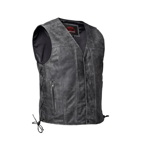 Ashra Men's Motorcycle Leather Vest – Premium Gray Cowhide, V-Neck with Side Laces & Smart Pockets