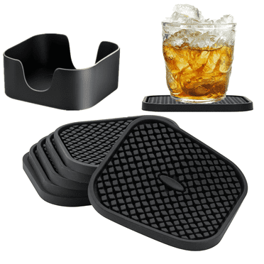 Silicone Coasters, Drink Coasters with Holder, Square Coasters, Deep Tray Cup Mat (Black-Square)