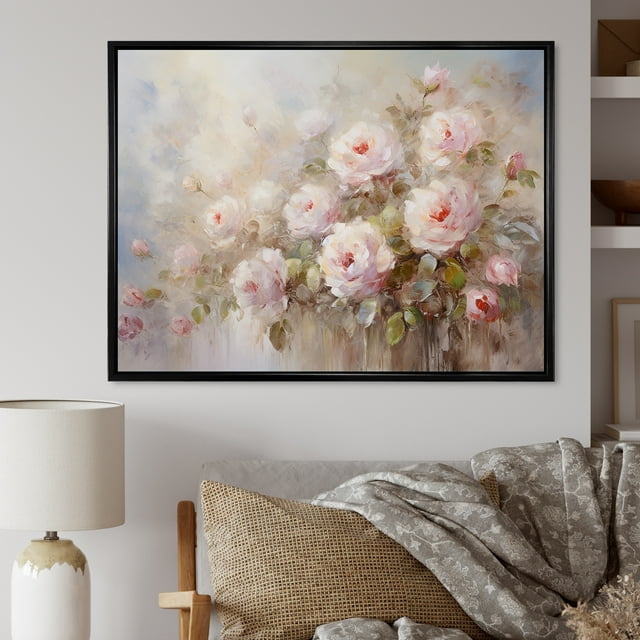 Designart Roses framed wall Art, Farmhouse Charm Adorned With Pink Roses , Roses framed wall art decor, Pink black framed wall art, 32x16 inches black frame
