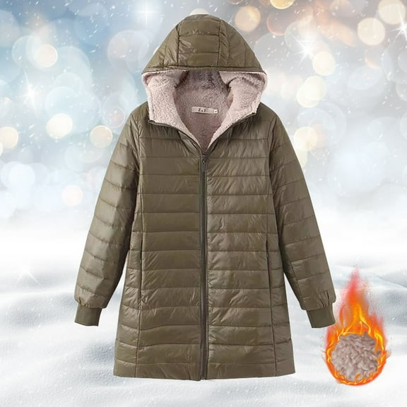 Rigardu Winter Coats for Women Women's Autumn and Winter Woolen Hooded Cotton Padded Coat Lamb Wool Padded Jacket Medium Long Cotton Padded Coat Womens Coats Army Green L