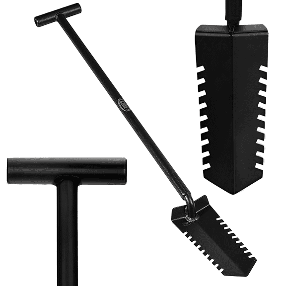 CKG Metal Detecting Shovel Digging Tool with Double Serrated Blade – Heavy Duty Digger Garden Root Cutter T-Handle Spade for Professional Landscapers Lawn Gardeners Relic & Gold Prospecting - Black