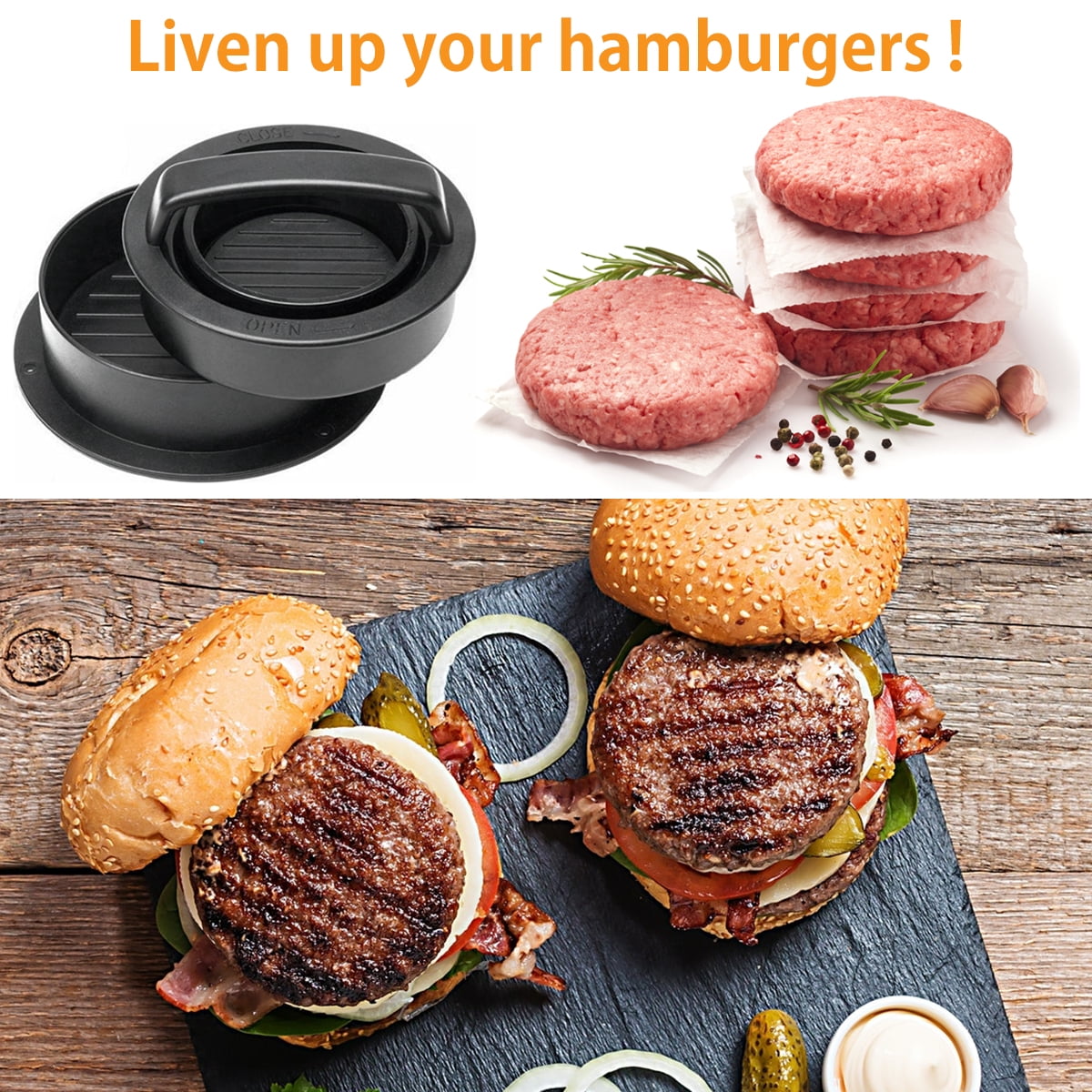 Fyeme Burger Press Hamburger Press Patty Maker 3-in-1 Non Stick Stuffed Burger Press Different Size Hamburger Patty Molds for Grilling and Cooking Kitchen Barbecue Tool
