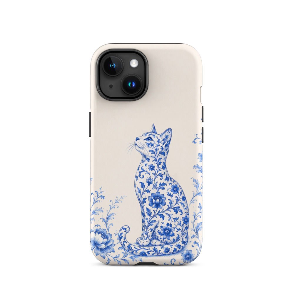 Blue Floral Sitting Cat Porcelain Rugged Phone Case for iPhone 15