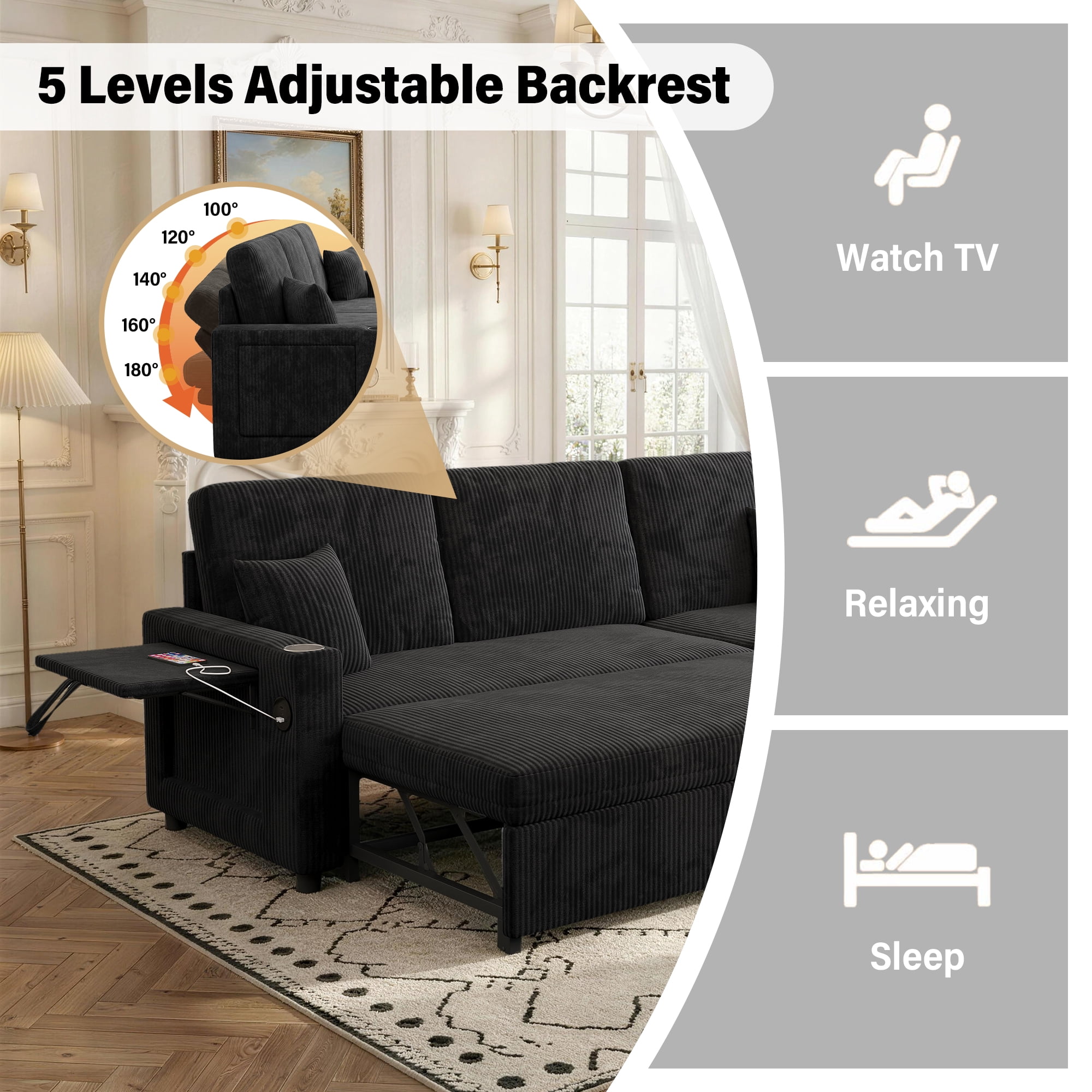 Aukfa 83" L-Shaped Sleeper Sleeper Sofa with Storage Chaise & Rotating Side Table, L-Shaped Corduroy Convertible Couch with USB/Type-C Ports,Black