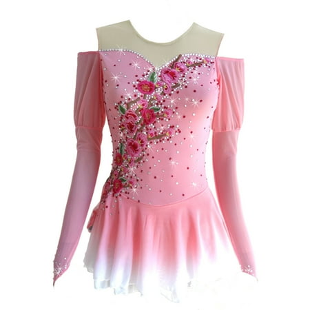 LIUHUO Custom Pink Spandex Figure Skating Dress Girls Ladies Off Shoulder Flower Embroidery Diamond Accents Pink White Gradient Skirt