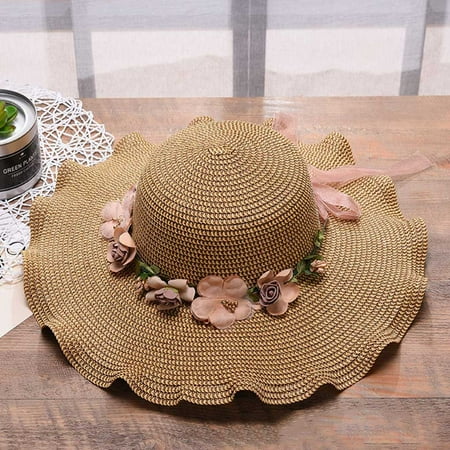 Download fashionhome Women Girls Big Wide Brim Sun Hat Kids Children Ruffle Flower Straw Hat Summer Beach ...