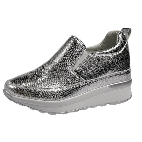 NOKIO Women Sneakers Low Top Slip On Fashion Shoes High Heel Wedge Sneakers for Women Ladies Fashion Color Blocking Leather Covered Foot Round Toe Thick Sole Casual Shoes