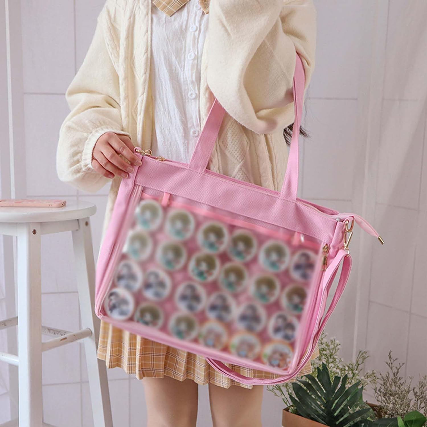 Baguery Ita Bag Canvas Shoulder Tote - Large Transparent Display Window Kawaii Anime Purse, Adjustable Crossbody Bag