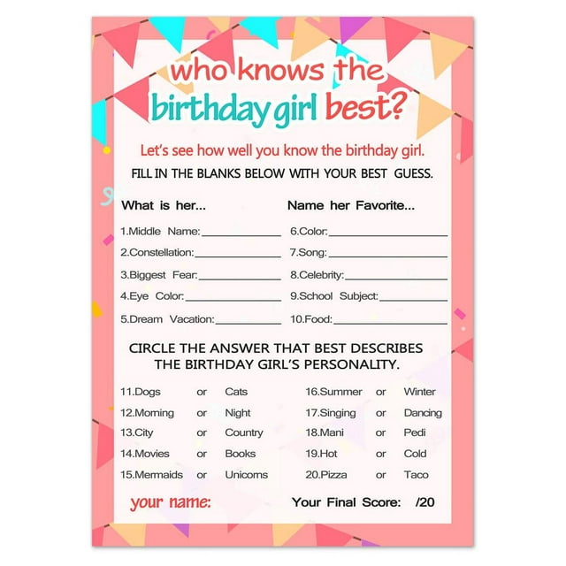 Yangmics Direct Who Knows The Birthday Girl Los Mejores Juegos De Cumpleaños Para Niñas: 20 Cartas De Juego
