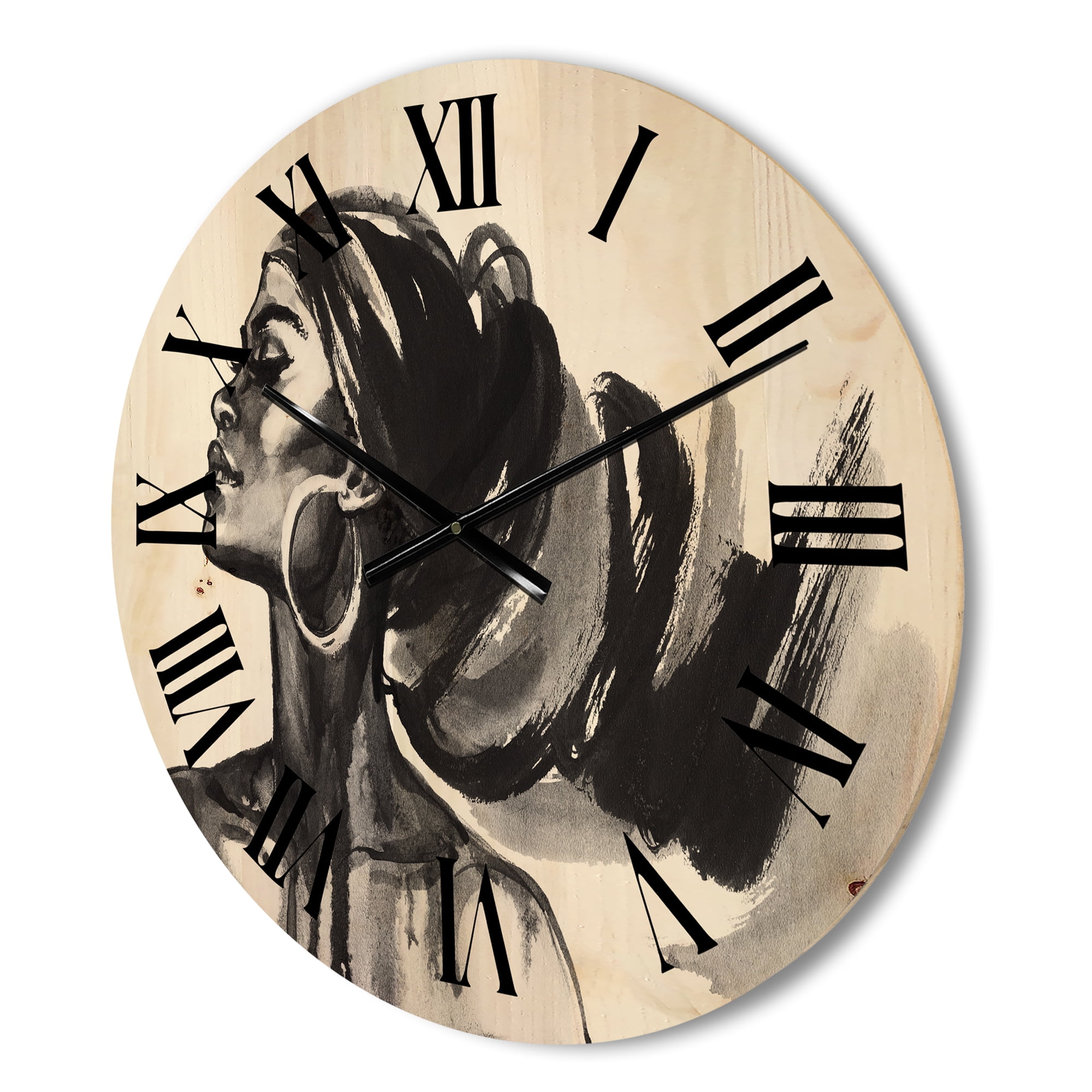 Designart 'Black and White Portrait of African American Woman IV' Modern Wood Wall Clock