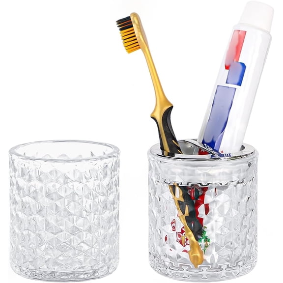2pcs Toothbrush Holders for Bathrooms,Glass Toothbrush Holder and Bathroom Tumbler Set,Toothbrush and Toothpaste Holder with Divider,Bathroom Toothbrush Cup Holder (Clear and Silver)