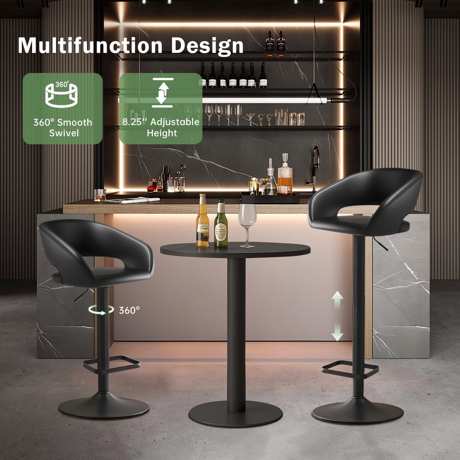 Modern Adjustable Bar Stools with PU Leather Seat, 360° Swivel Open Mid Back & Armrest Bar Stool– Ideal for Kitchen , Bar, Café, Counter Seating, Black