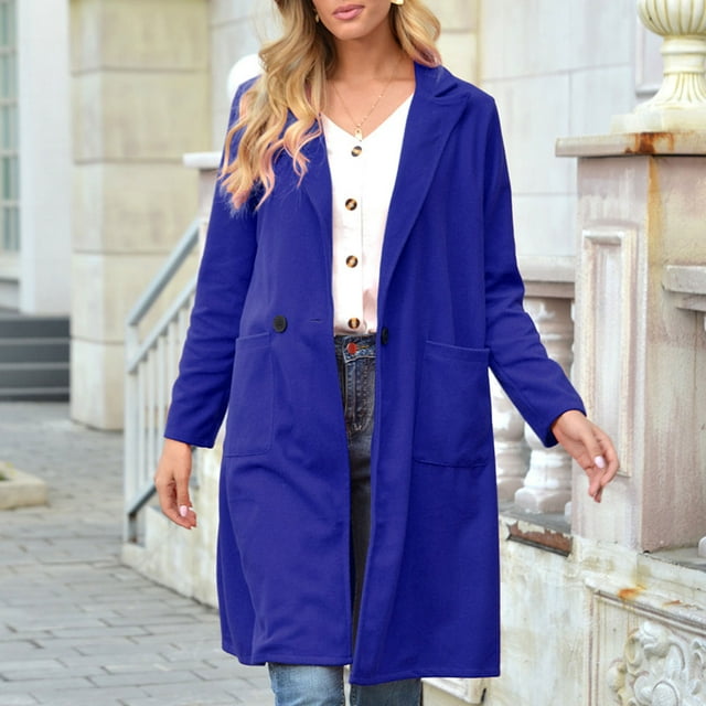 Lisbinx Coats for Women, Women's Spring And Lapel Wool Solid Color Sleeve Wool Pocket Jacket Holiday Gift Finder