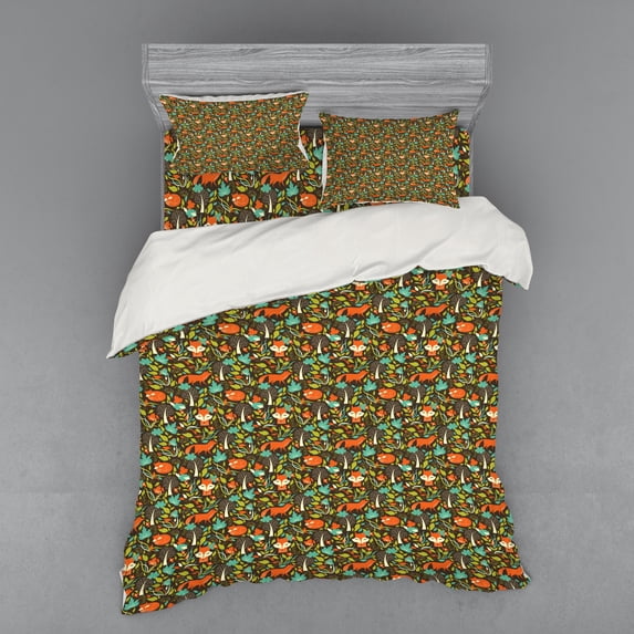 Fox Duvet Cover Set, Colorful Arrangement of Autumn Season Leaves and Petals Forest Inhabitants Pattern, Bedding Set with Shams and Fitted Sheet, 3 Sizes, by Ambesonne