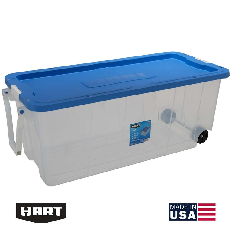 Hart - 68 Quart Clear Latching Plastic Storage Bin, Clear Base/Blue Lid, Set of 4