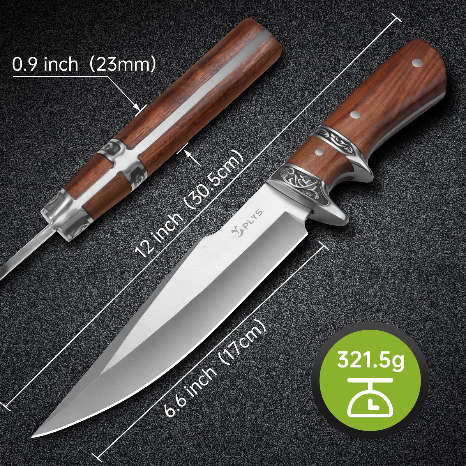 Plys Fixed Blade Hunting Knife, 6.6 inch Full Tang Outdoor Tactical Survival Knife with Nylon Sheath, Wooden Handle, Camping Hunting Essentials Gear