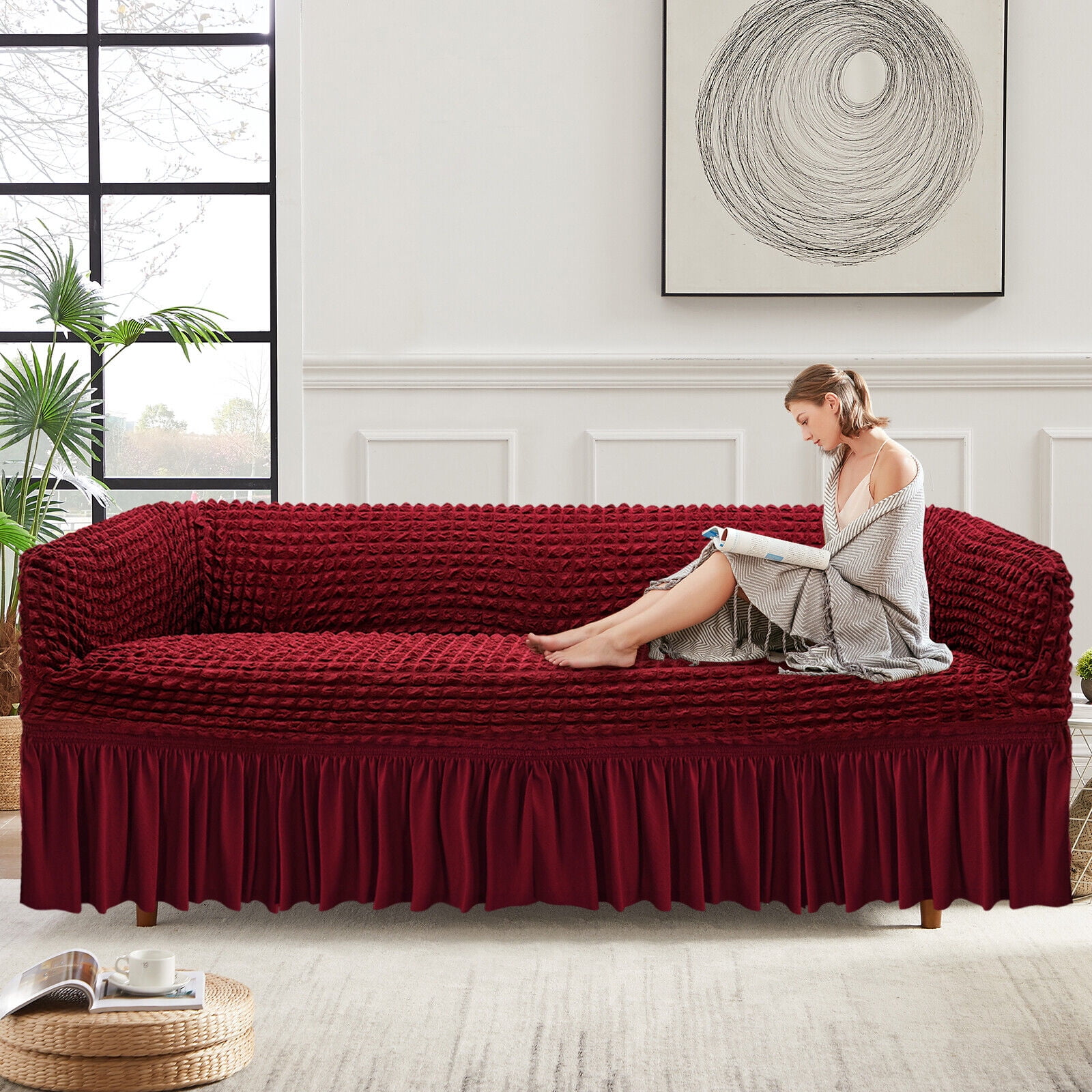 Durable Sofa Couch Cover with Skirt, High Elastic Sofa Slipcover, Stretch Slipcover Universal High Elastic Furniture Protector (Wine Red)