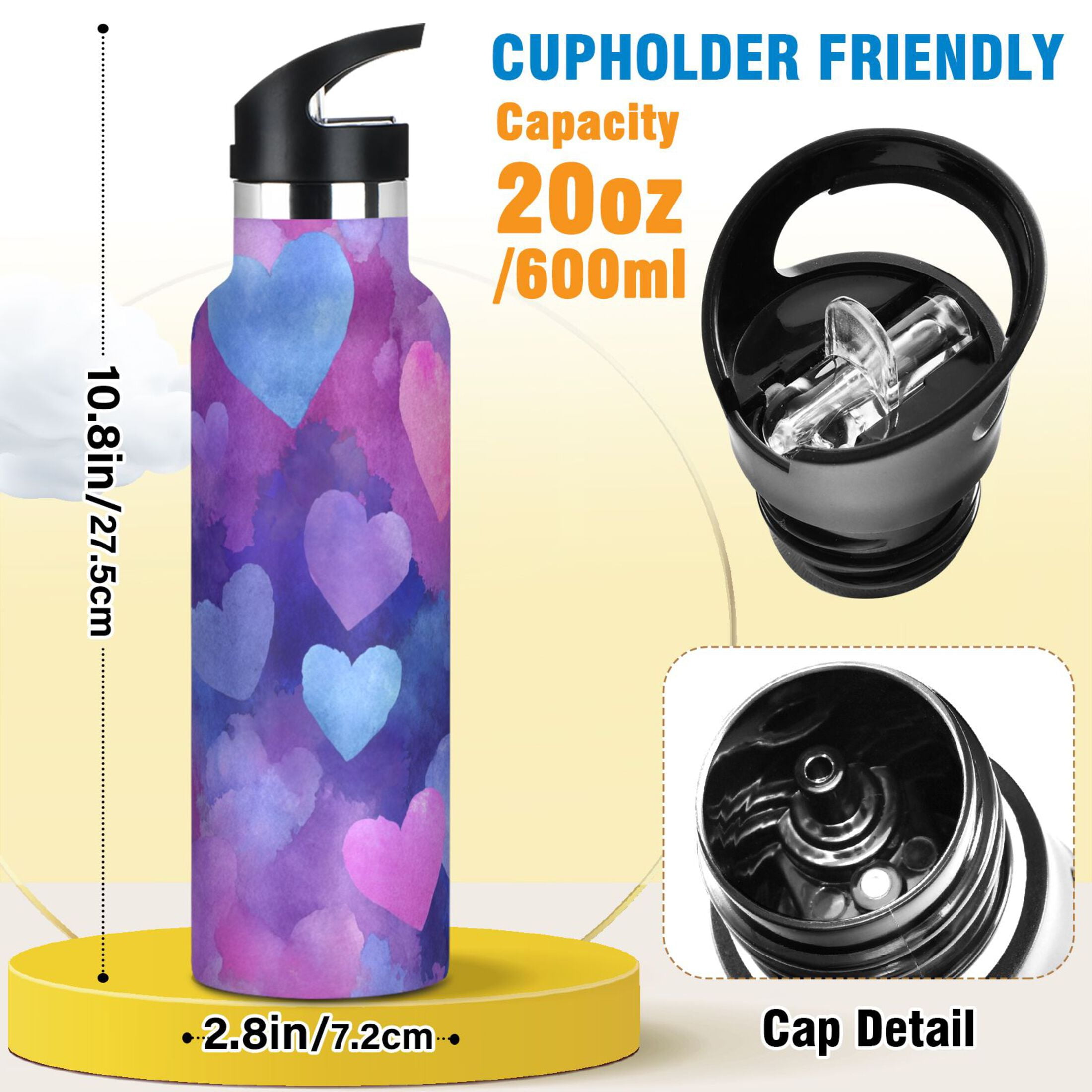 Kids Insulated Stainless Steel Sports Water Bottle 600ml (20oz) Indigo and Violet Hearts