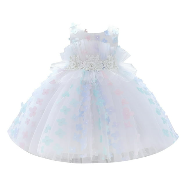 WEAIXIMIUNG Robe 3T-4T Robe à Sequins Fleurie pour Fille Été Sans Manches Couche Longue Jupe Taille Décoration Perle 3-4 Ans